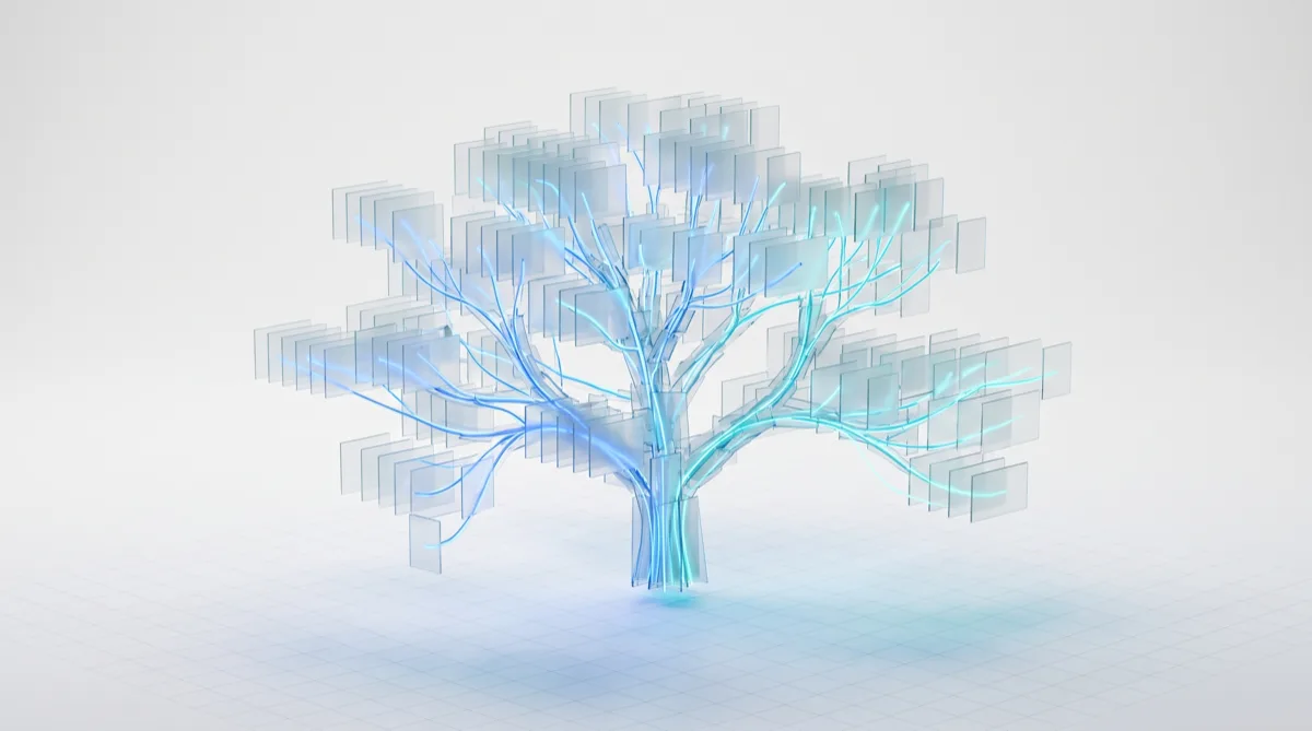 Grid of floating glass cards joined by glowing blue connecting lines