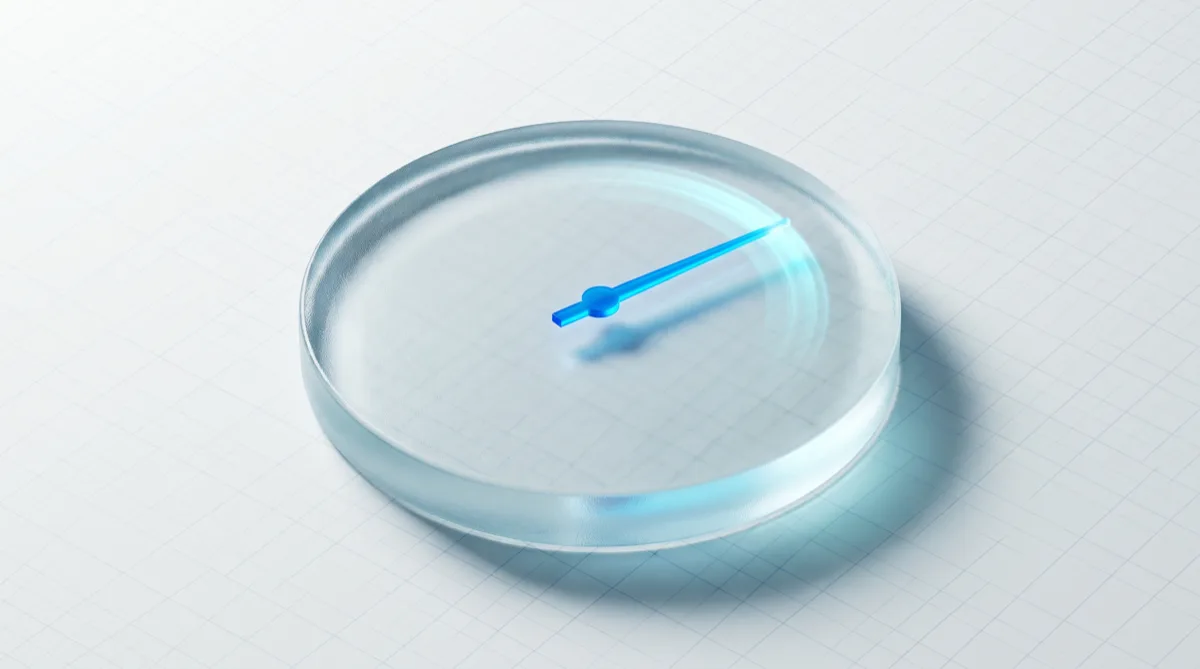 Glass dial with a glowing blue needle trailing a motion streak