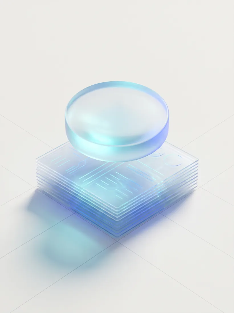 Glass magnifying lens resting on a stack of translucent data layers