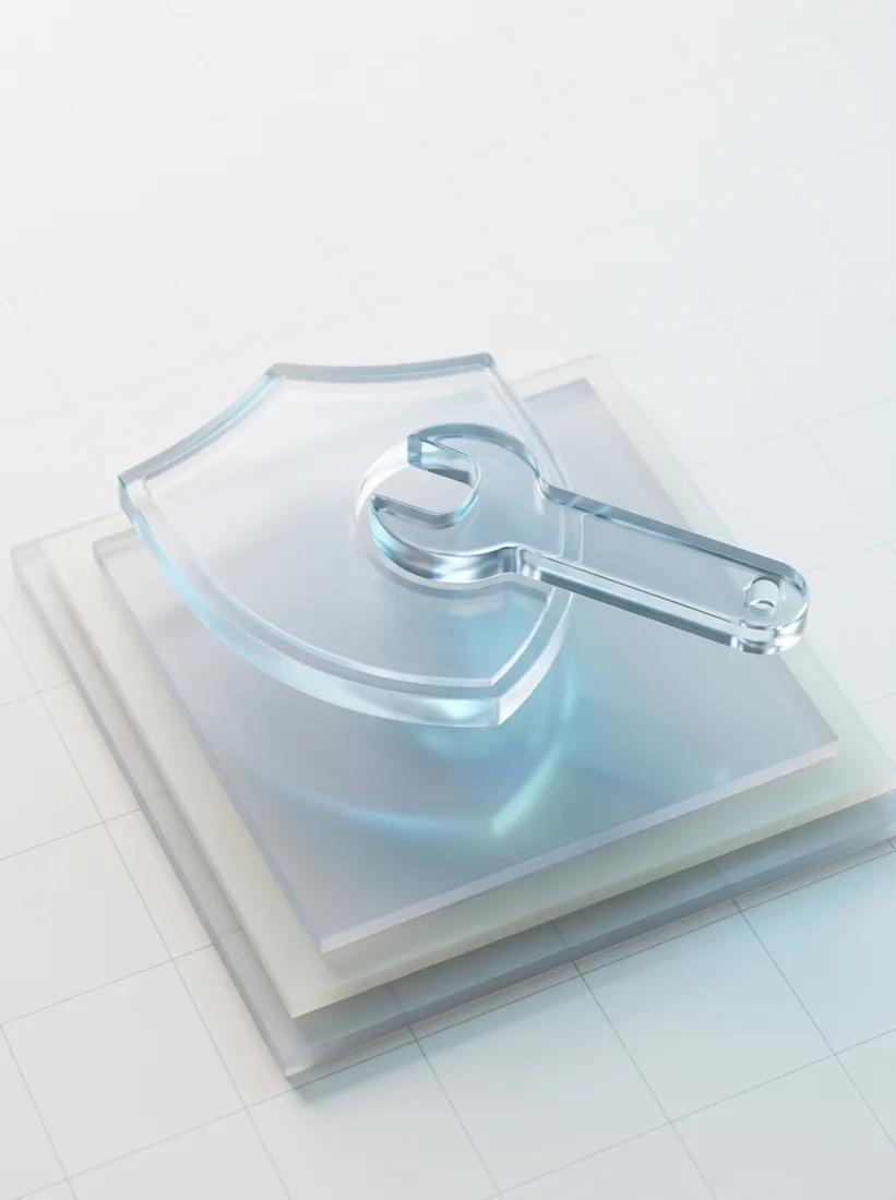 Interlocking glass shield and wrench above layered translucent panels