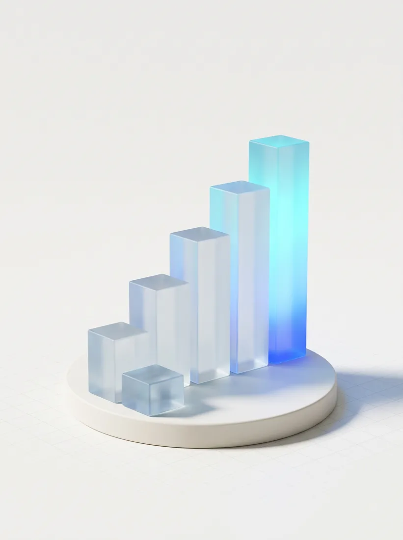 Rising glass bar-chart blocks on a lit podium